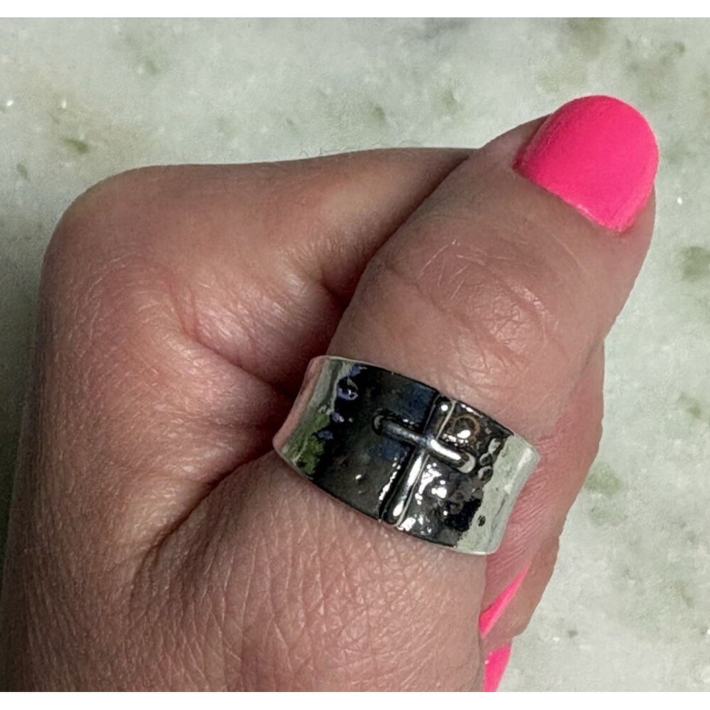 Unisex Sz 6 Silver Tone Cross Ring Thick Chunky Christian Gift Jewelry